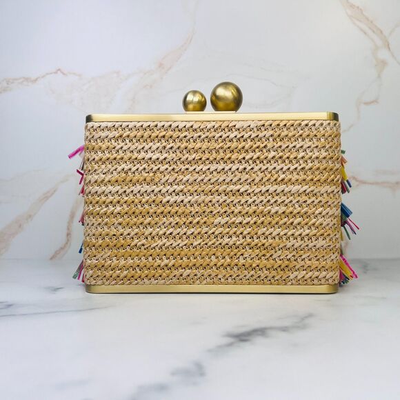 REVOLVE olga berg Carlita Carnivale Clutch Fringe and Raffia Gold Chain Strap - Picture 7 of 8